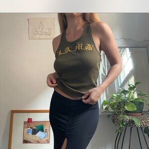 L.A.M.B. Dark Green Tank Top with Yellow Accents